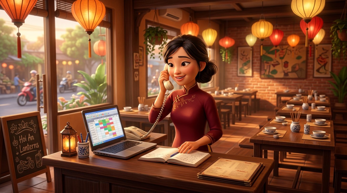 Quản lý nhà hàng Việt đứng ở quầy lễ tân, một tay nghe điện thoại xác nhận đặt bàn, tay kia dò sổ đặt bàn bên cạnh laptop hiển thị danh sách đặt bàn