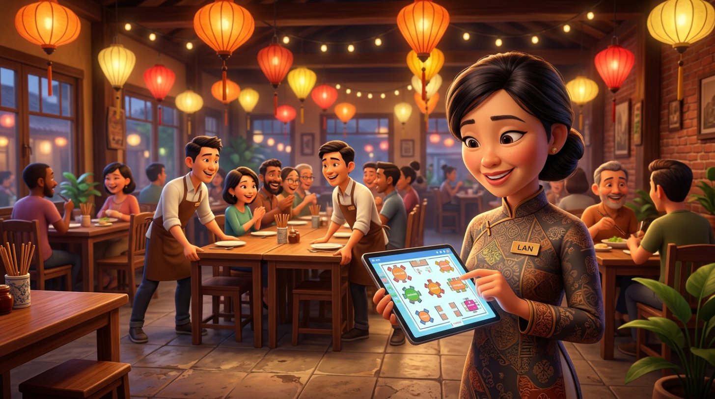Quản lý nhà hàng Việt Nam cầm máy tính bảng hiển thị sơ đồ bàn nhiều màu, phía sau nhân viên đang ghép hai bàn vuông cho nhóm khách đông trong không gian treo đèn lồng ấm cúng