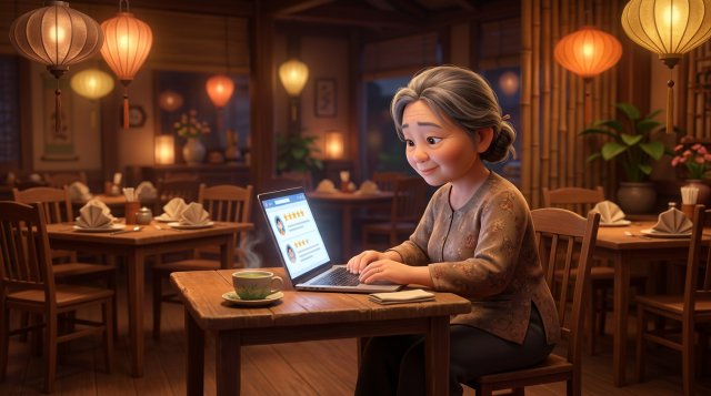 Chủ nhà hàng Việt bình tĩnh ngồi gõ câu trả lời review trên laptop trong quán sau giờ đóng cửa, bên cạnh là tách trà