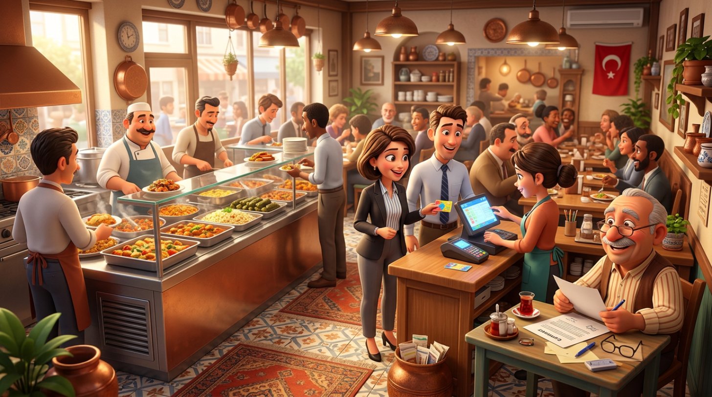 Öğle yoğunluğundaki bir lokantada kasada renkli yemek kartlarıyla ödeme yapan ofis çalışanları ve yan masada yemek kartı sözleşmesini inceleyen restoran işletmecisinin 3D illüstrasyonu