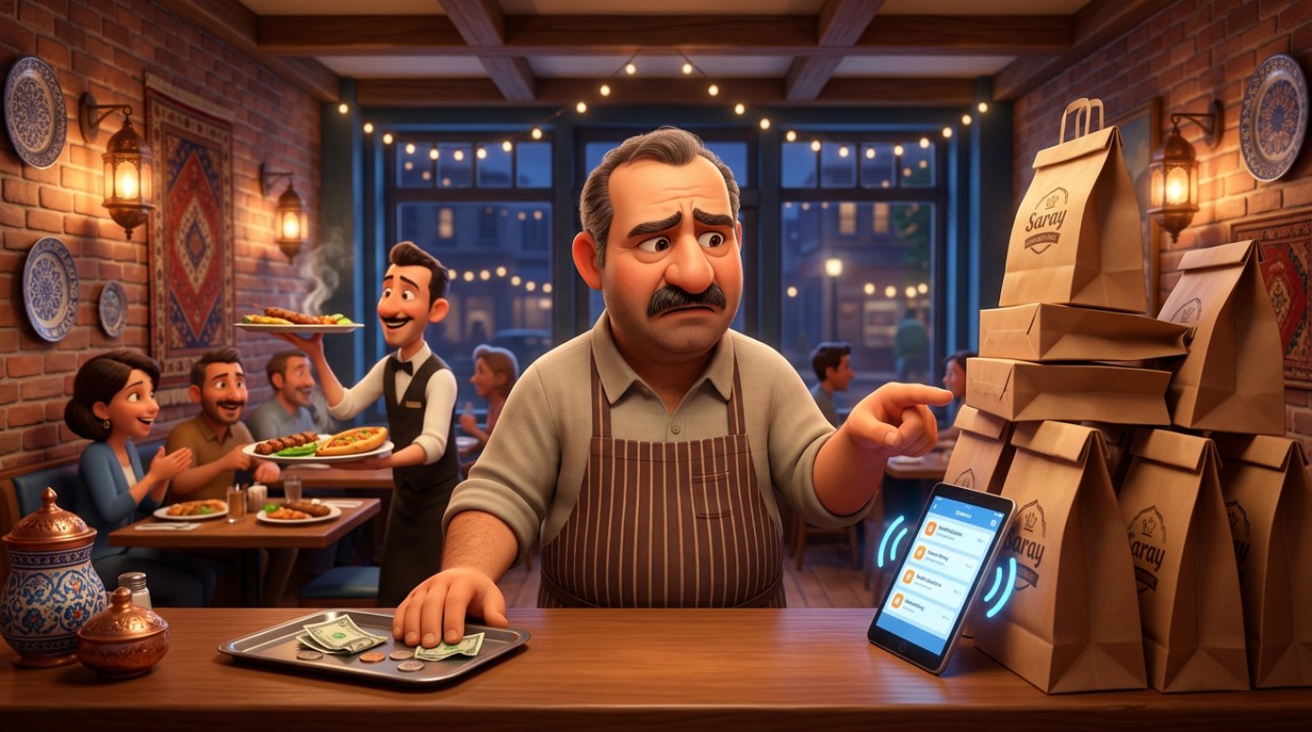 Tezgahın bir yanındaki paket servis çantası yığınıyla diğer yanındaki küçük nakit tepsisini karşılaştıran düşünceli restoran işletmecisinin 3D illüstrasyonu