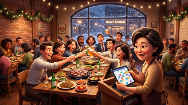 연말 장식이 걸린 식당에서 건배하는 회사 송년회 단체와 예약이 가득 찬 태블릿 예약 장부를 확인하는 사장님