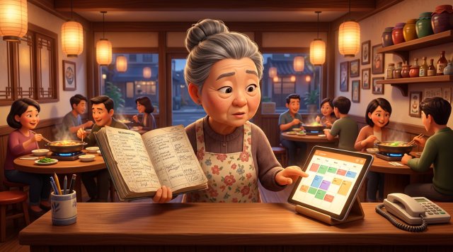 식당 카운터에서 손글씨로 가득한 종이 예약 대장과 태블릿의 예약 화면을 나란히 놓고 비교하는 사장님 일러스트