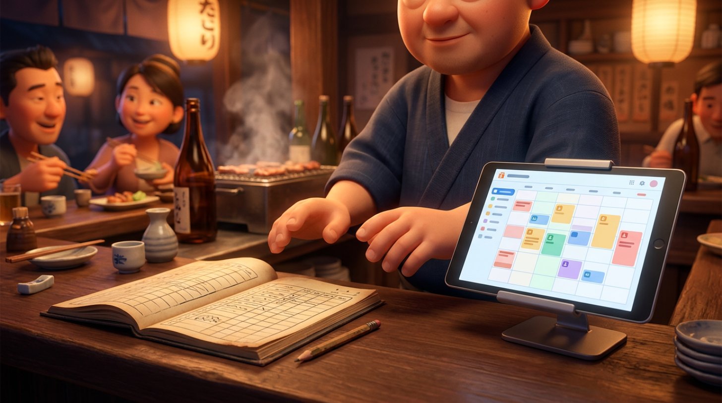 レストランのカウンターで紙の予約台帳とタブレットの予約画面を見比べる店主の手元のイラスト