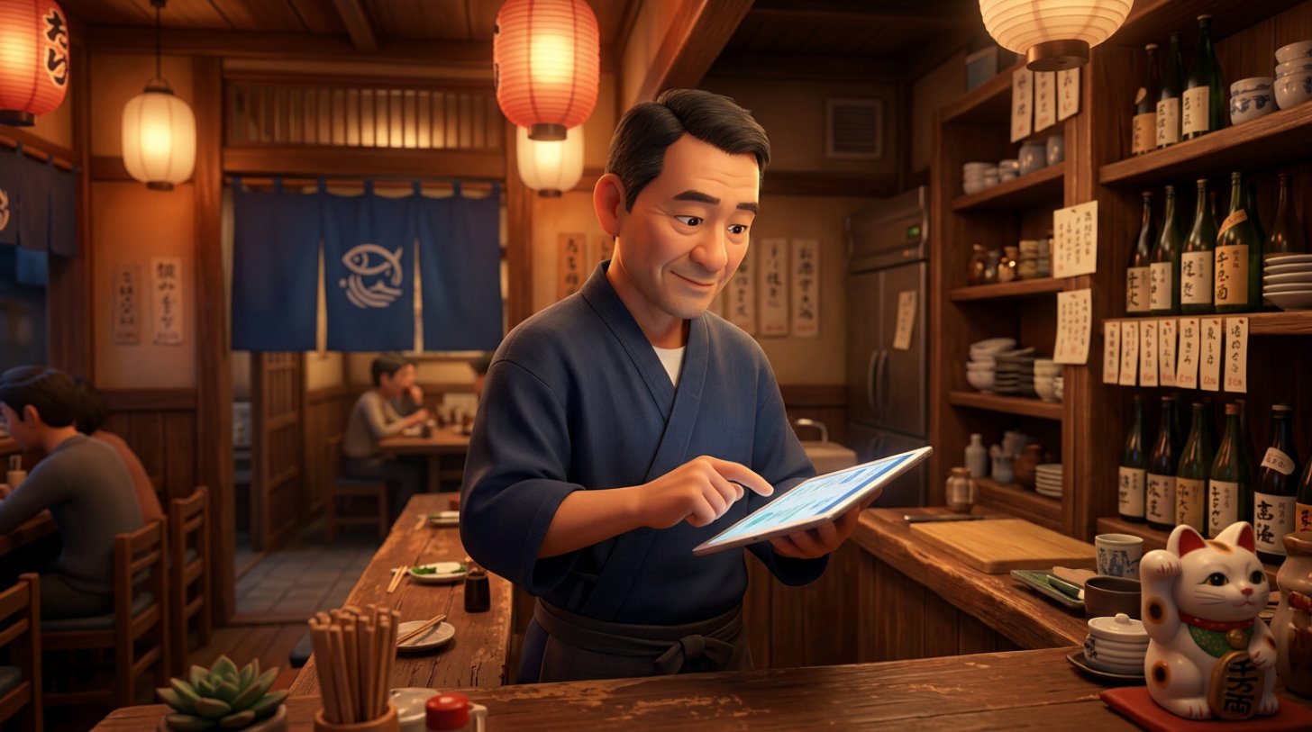 居酒屋のカウンターでタブレットを見ながら予約システムを比較する店主のイラスト