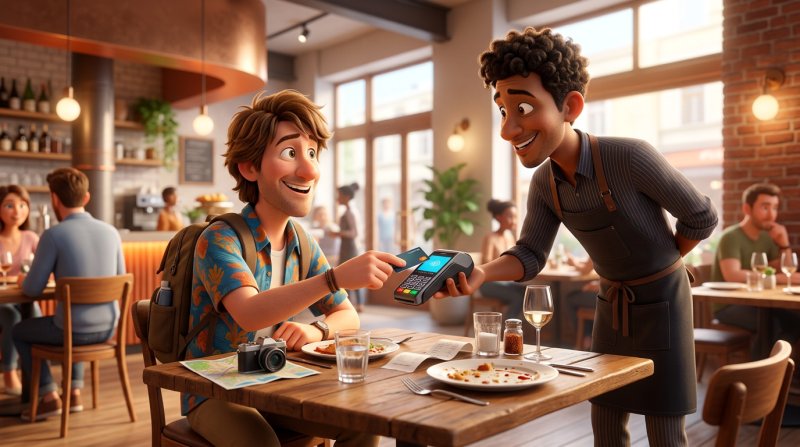 Turist plătind mulțumit cu cardul la terminalul întins de ospătar, în restaurant