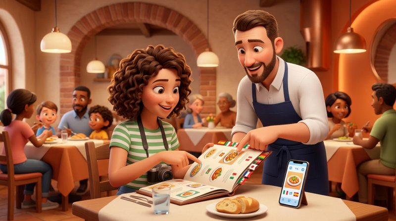 Turistă răsfoind într-un restaurant un meniu multilingv, în timp ce ospătarul îi arată zâmbind un preparat recomandat
