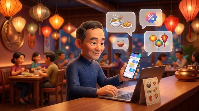 Chủ nhà hàng Việt ngồi ở quầy, soạn tin quảng bá trên điện thoại và laptop, xung quanh là bong bóng chat, thực đơn và phòng ăn treo đèn lồng