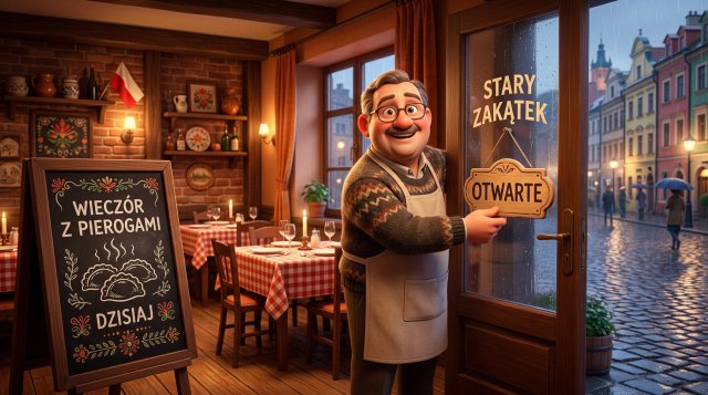 Ilustracja uśmiechniętego restauratora odwracającego tabliczkę Otwarte w drzwiach przytulnej restauracji w deszczowy wieczór w tygodniu
