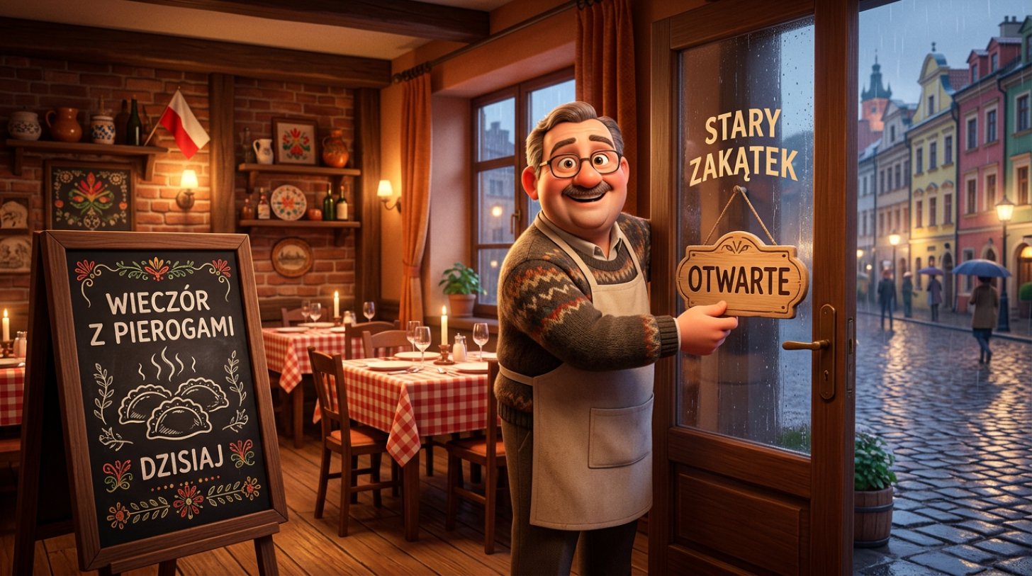 Ilustracja uśmiechniętego restauratora odwracającego tabliczkę Otwarte w drzwiach przytulnej restauracji w deszczowy wieczór w tygodniu