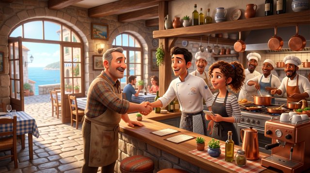 Vlasnik restorana rukovanjem dočekuje novog kuhara i konobaricu, dok se tim u kuhinji smiješi u pozadini