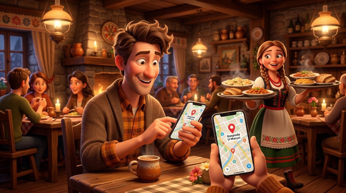 Gość restauracji rezerwuje stolik przez smartfon z mapą, w tle przytulna sala restauracyjna
