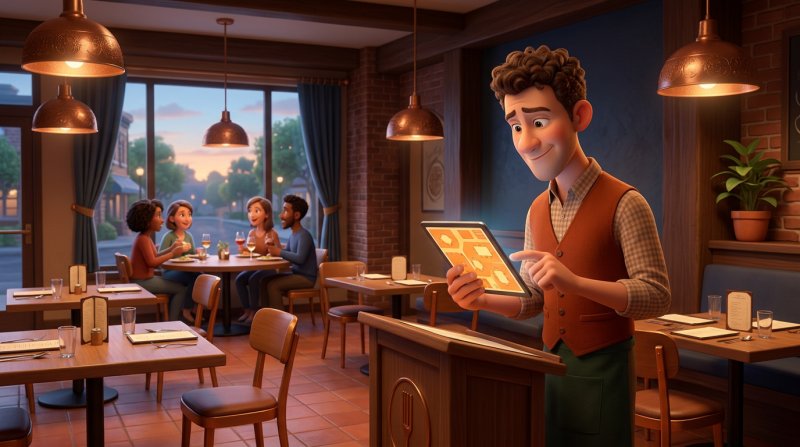 Poloprázdná restaurace ve všední podvečer a číšník kontrolující obsazenost na tabletu