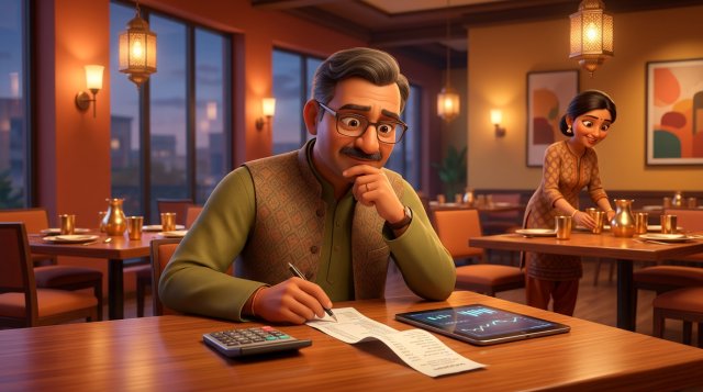 Indian restaurant owner at a wooden table studying a long bill with a calculator and tablet while a server arranges brass tumblers in the background